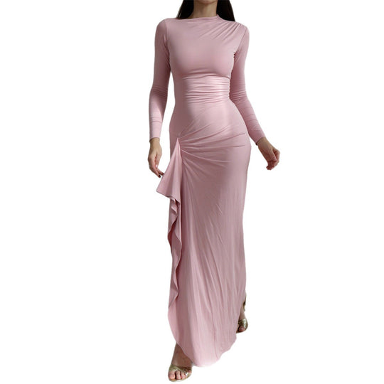 Damen nan gerafftes Maxikleid mit langen Ärmeln, taillierender Stretch-Passform und seitlichem Volant-Detail EB