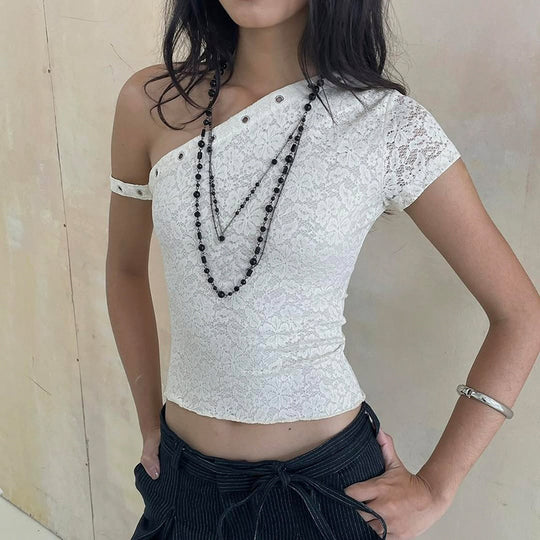Damen elegantes Oberteil aus zarter Spitze mit kurzem Ärmel und aufregendem Design EB