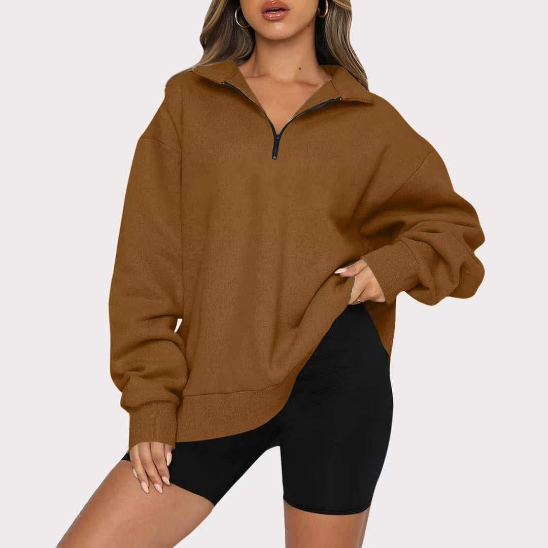 Damen nan oversized Sweatshirt mit halbem Reißverschluss, weichem Fleece-Innenfutter und Kängurutasche EB