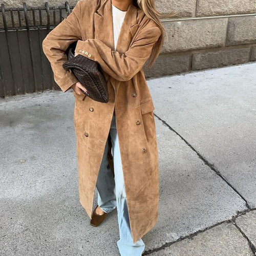 Damen Eleganter Wildleder-Trenchcoat mit doppelt geknöpftem Design EB