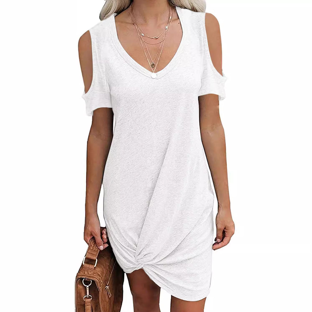 Damen V-Ausschnitt Minikleid mit offenem Schulterdesign und raffinierten Knotendetails EB