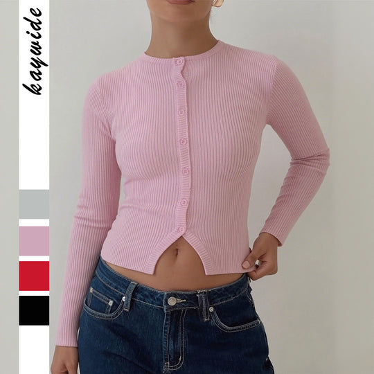 Damen nan kurze gerippte Knopfstrickjacke mit Rundhalsausschnitt, taillierter Passform und Stretchanteil EB