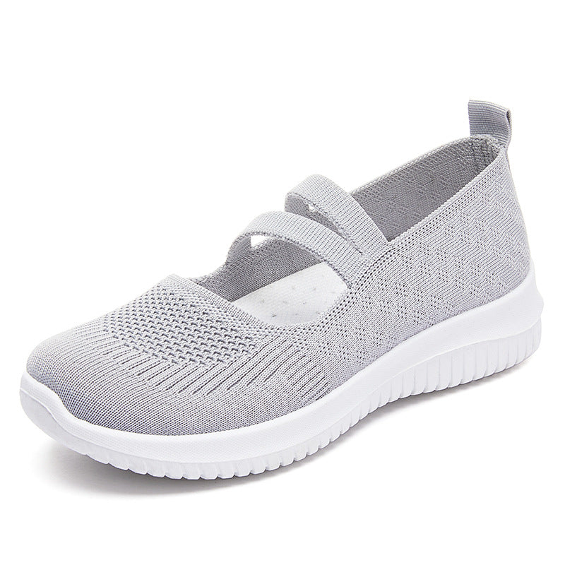 Damen nan gestrickter Slip-On Mary-Jane-Sneaker mit elastischen Riemen, gepolstertem Komfortfußbett und flexibler EVA-Laufsohle EB