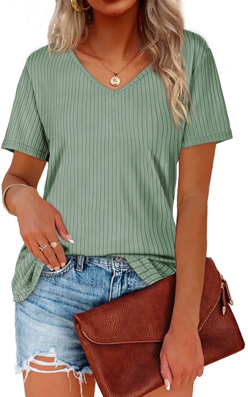 Damen Viskose T-Shirt mit feinem Rippstrickmuster und lässigem V-Ausschnitt EB