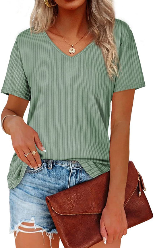 Damen Viskose T-Shirt mit feinem Rippstrickmuster und lässigem V-Ausschnitt EB