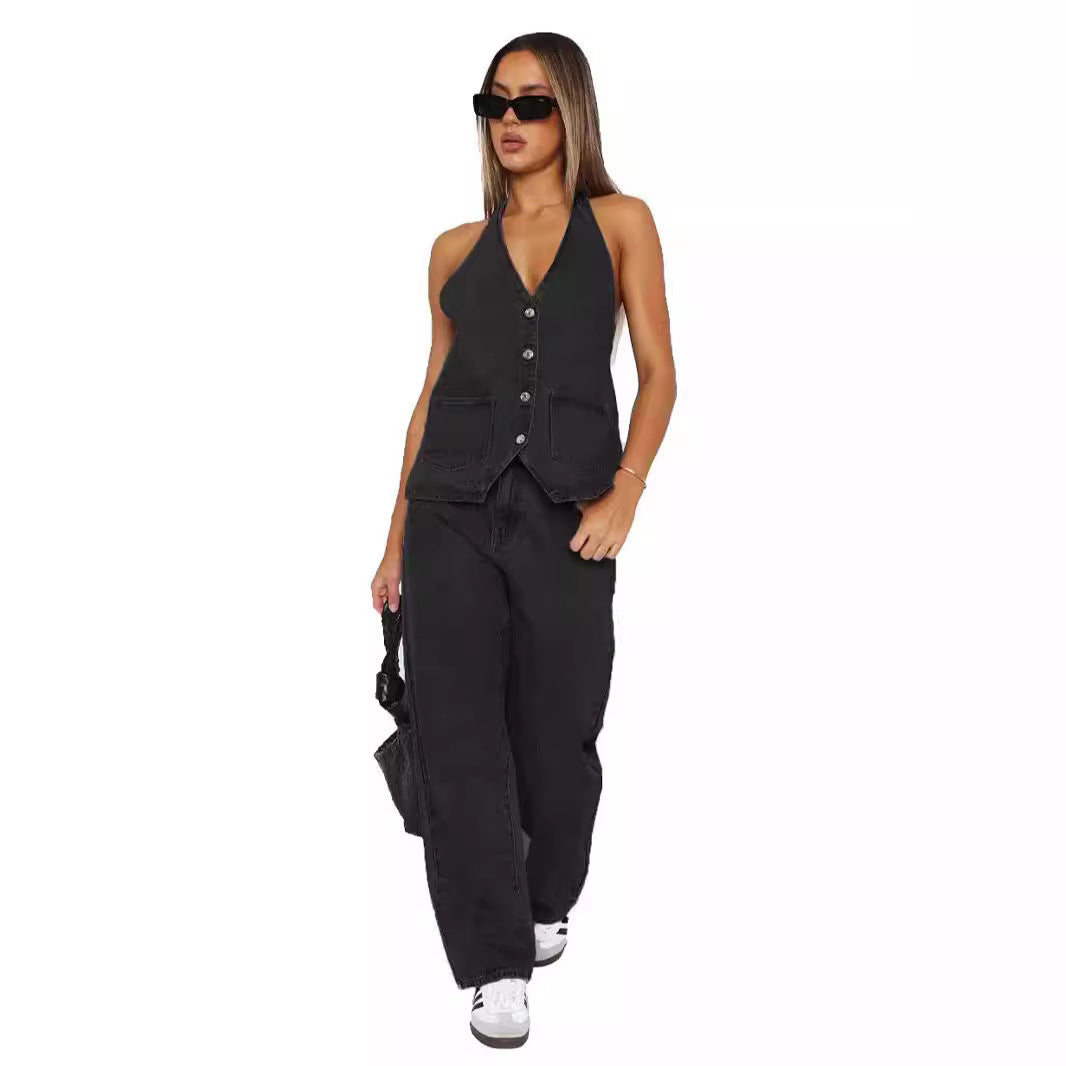 Damen Denim-Kleid mit ärmellosem Design und praktischen Taschen EB