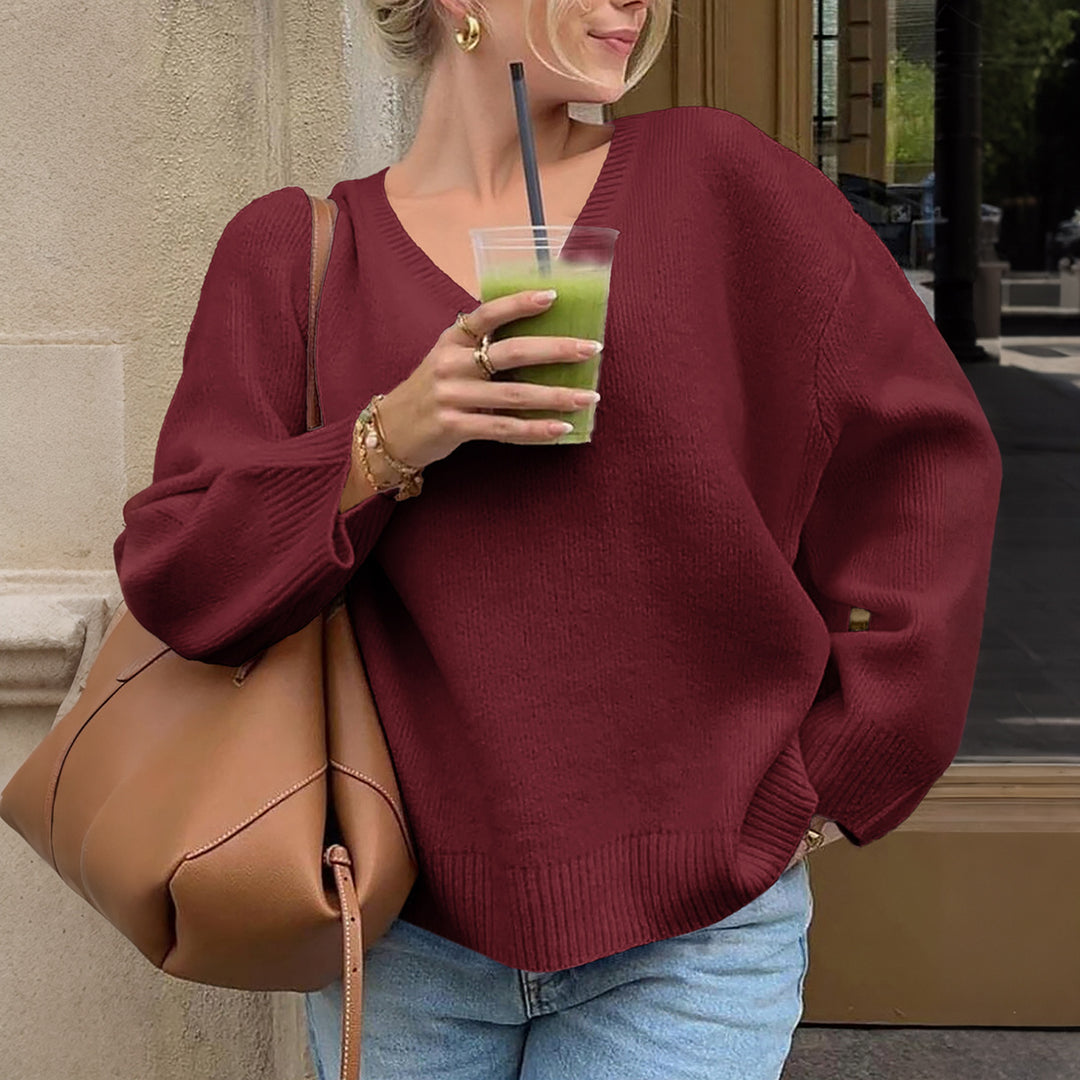 Damen nan oversized V-Ausschnitt Feinstrickpullover mit überschnittener Schulter, langen Kimonärmeln und breitem Rippbund EB