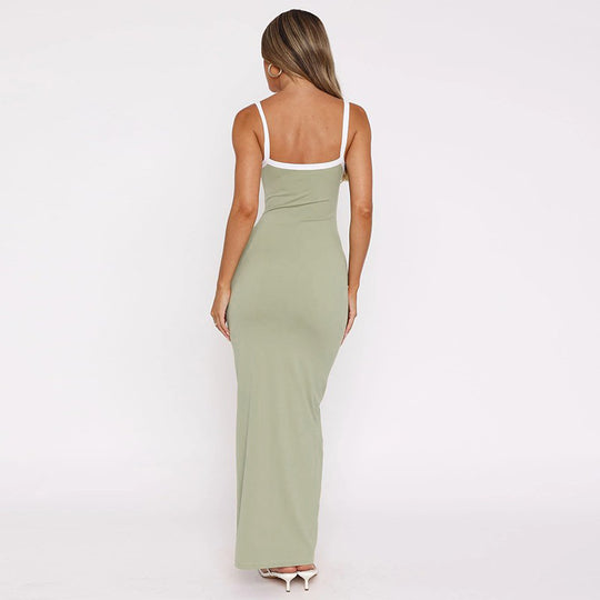 Damen elegantes Maxikleid mit schmalen Spaghettiträgern und figurbetontem Schnitt EB