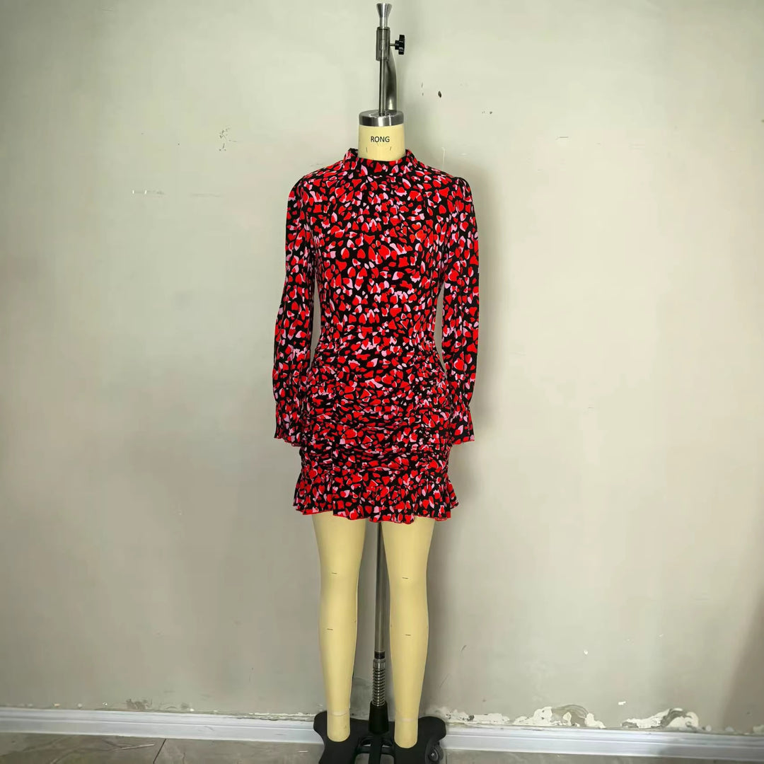 Damen elegantes Mini-Kleid mit Rüschendetails und hohem Kragen EB