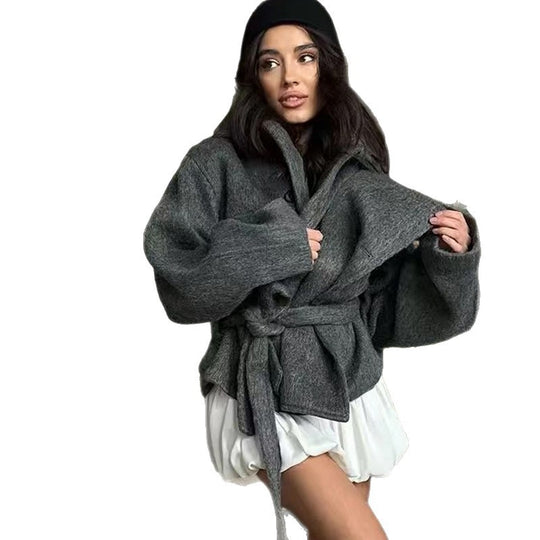Damen Oversized Wollmantel mit Gürtel EB