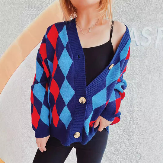 Damen lässige Strickjacke im Rauten-Muster mit goldenen Knöpfen EB