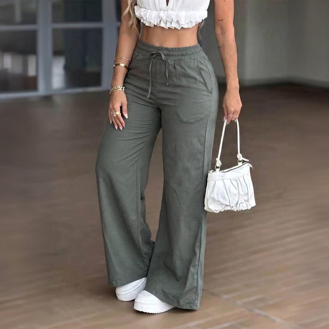 Damen nan weite High‑Waist Leinenhose mit elastischem Tunnelzugbund und Seitentaschen EB