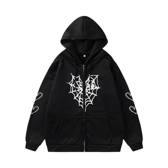 Damen Kapuzenjacke mit auffälligem Spinnenmotiv und praktischen Taschen EB