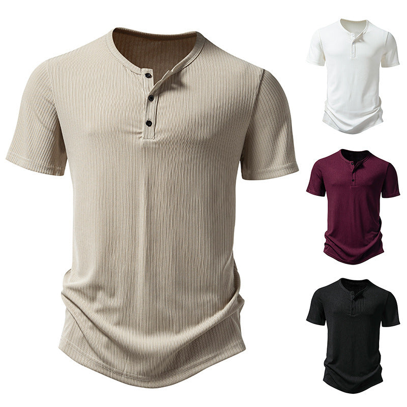 Herren stylisches Kurzarm-Henley-Shirt mit strukturiertem Design und zwei Knopf-Details EB