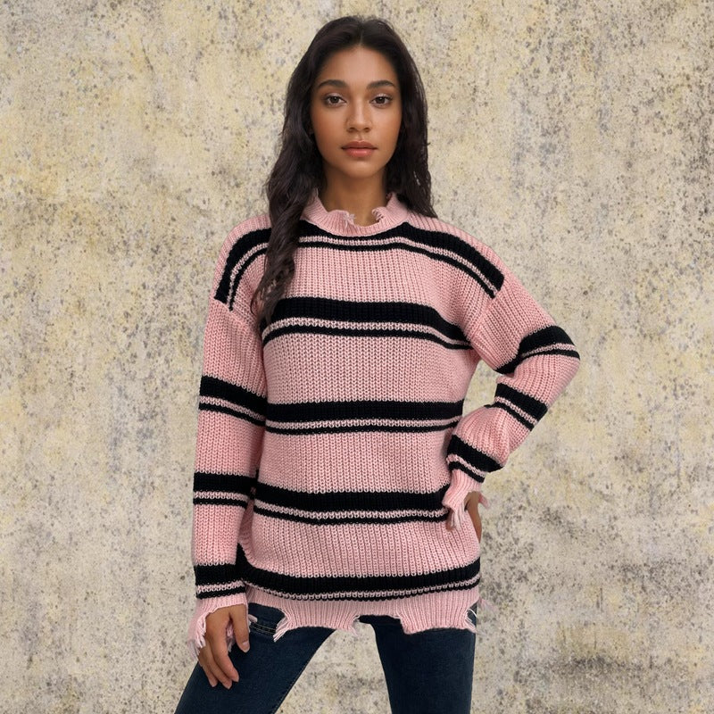 Damen Grob gestrickter Oversized Pullover mit Fransen und Querstreifen EB