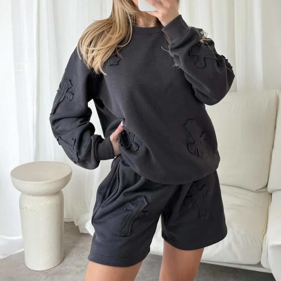 Damen nan lässiges Sweatshirt- und Short-Set mit dekorativen Schleifen-Applikationen, hohem Rundhalsausschnitt und Tunnelzugbund EB