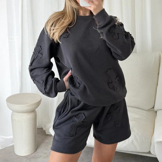 Damen nan lässiges Sweatshirt- und Short-Set mit dekorativen Schleifen-Applikationen, hohem Rundhalsausschnitt und Tunnelzugbund EB