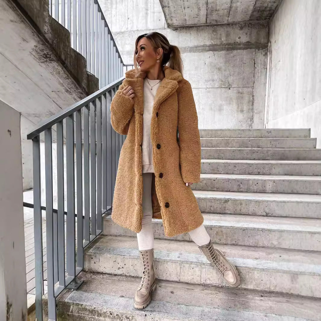 EB | Übergröße Damen Midi Teddyjacke mit Knöpfen