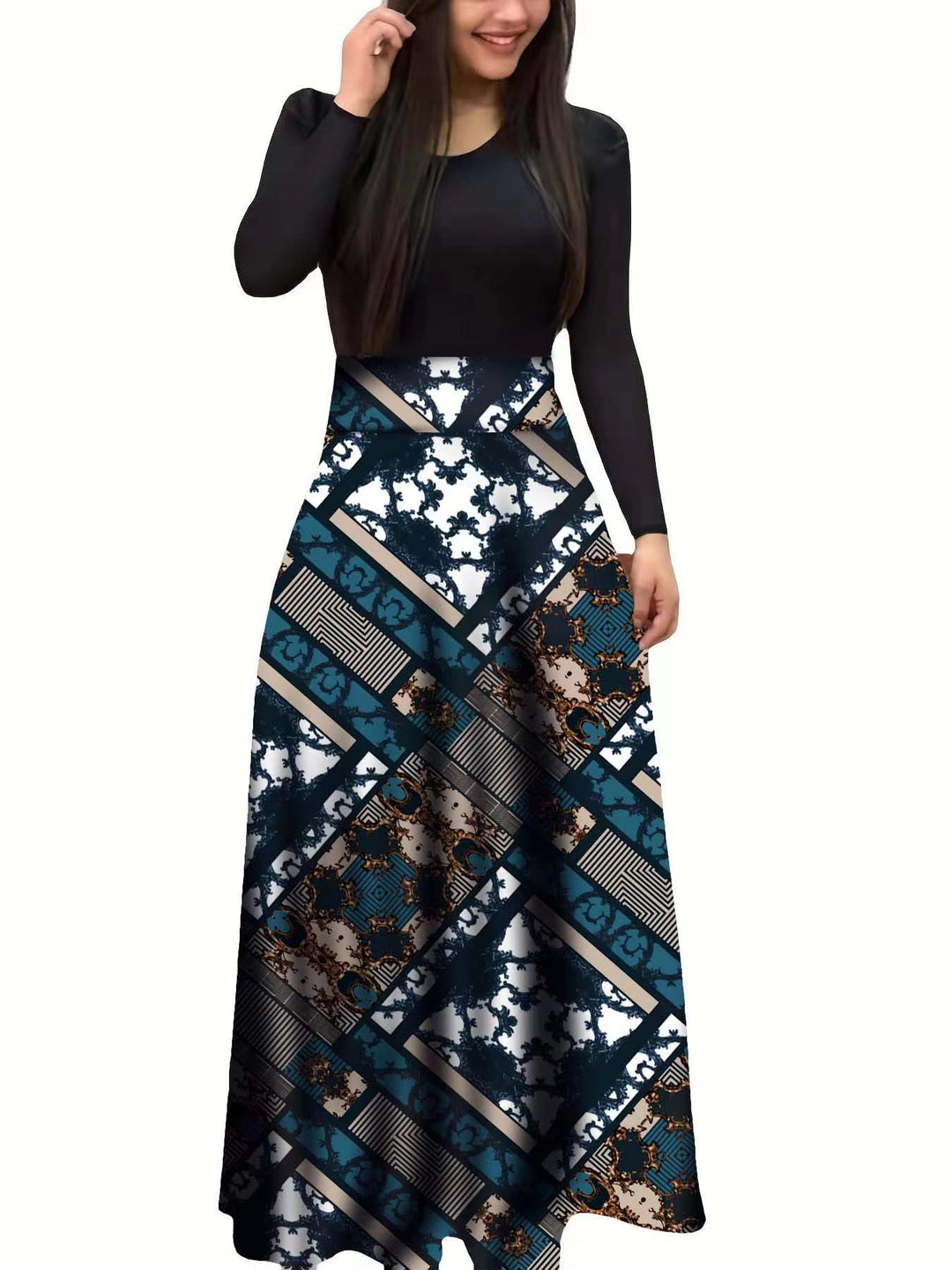 Damen Elegantes Maxikleid mit grafischem Druck und flexiblem Bund EB