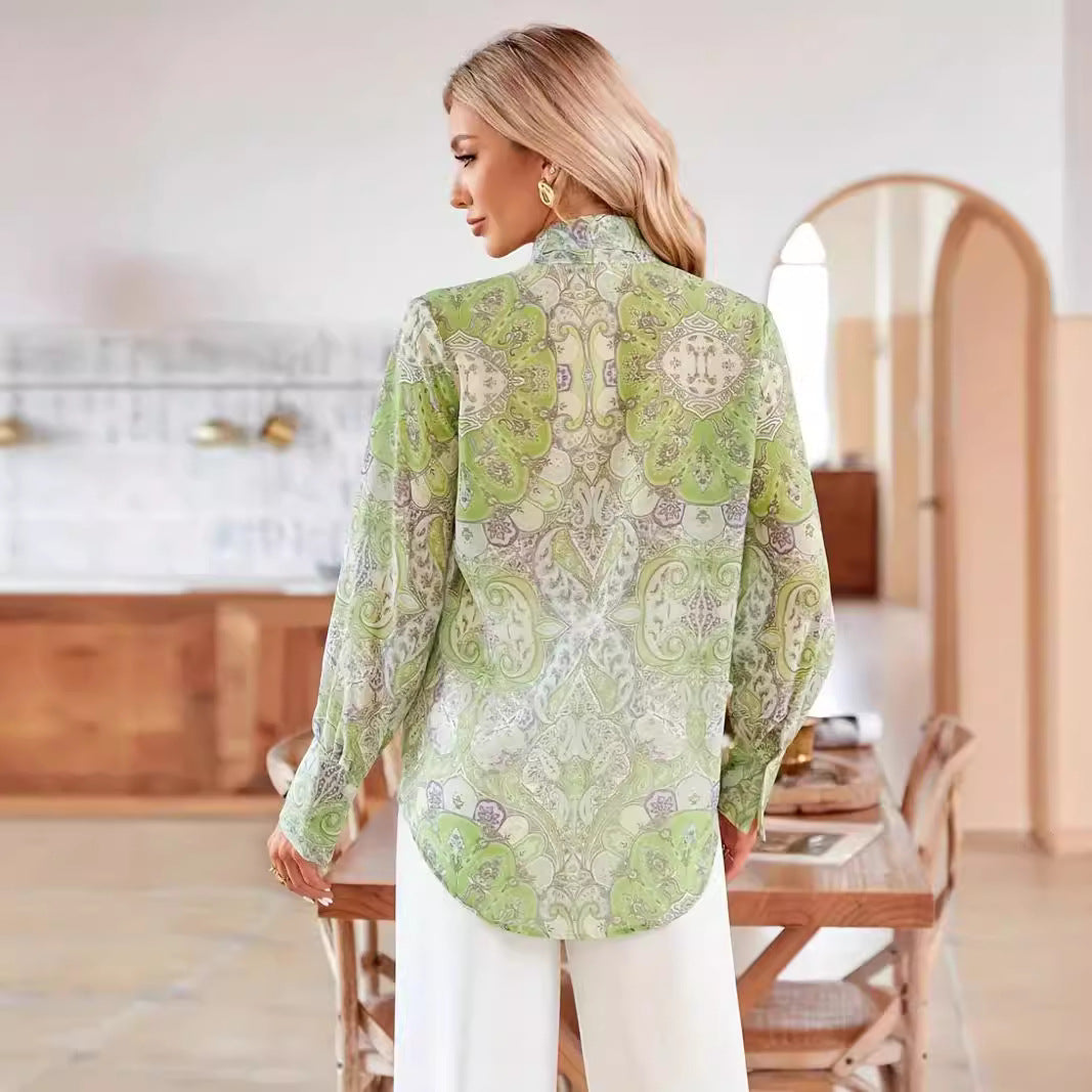 Damen Bluse mit Schleifenkragen und floralem Muster EB