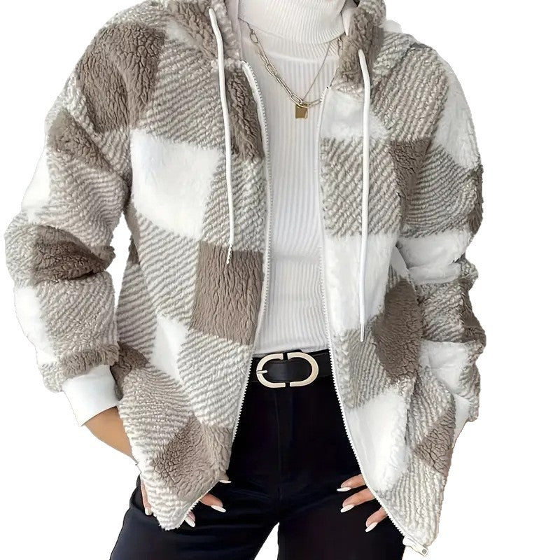 Damen Kuschelige Kapuzenjacke im Karodesign EB