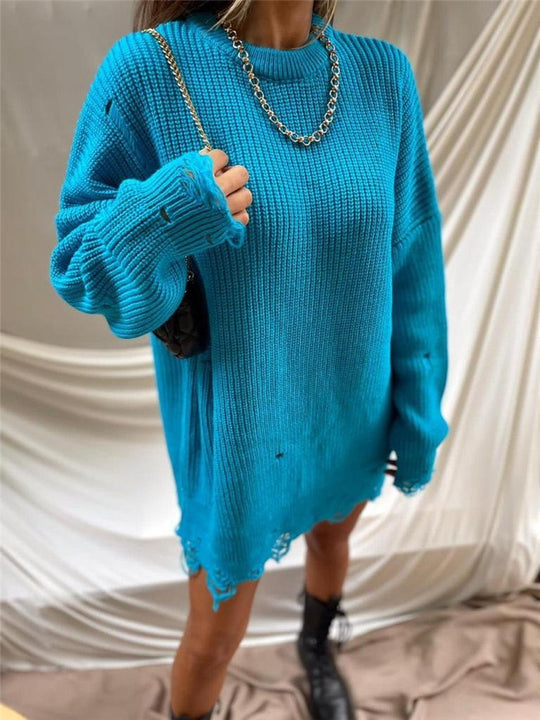 Damen lässiger Langpullover mit strukturiertem Rippdesign und offenen Säumen EB
