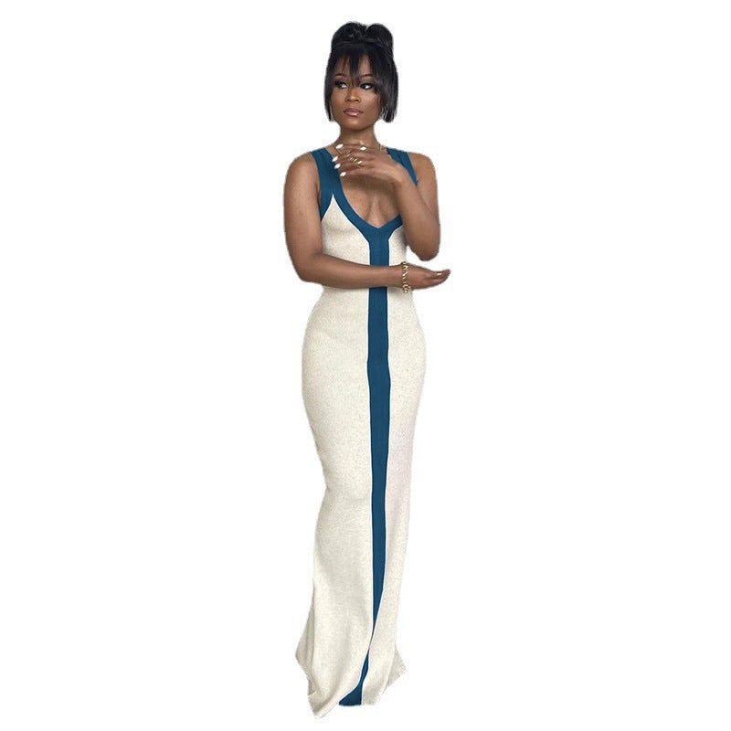 Damen elegantes Maxikleid mit tiefem V-Ausschnitt und kontrastierendem Streifen EB