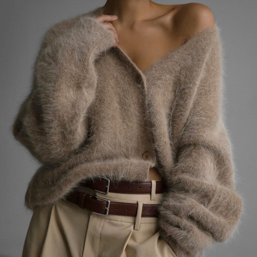 Damen Flauschiger Oversize-Knopfcardigan mit tiefem V-Ausschnitt und Eingrifftaschen EB