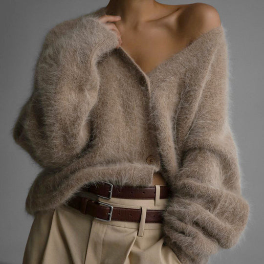 Damen Flauschiger Oversize-Knopfcardigan mit tiefem V-Ausschnitt und Eingrifftaschen EB