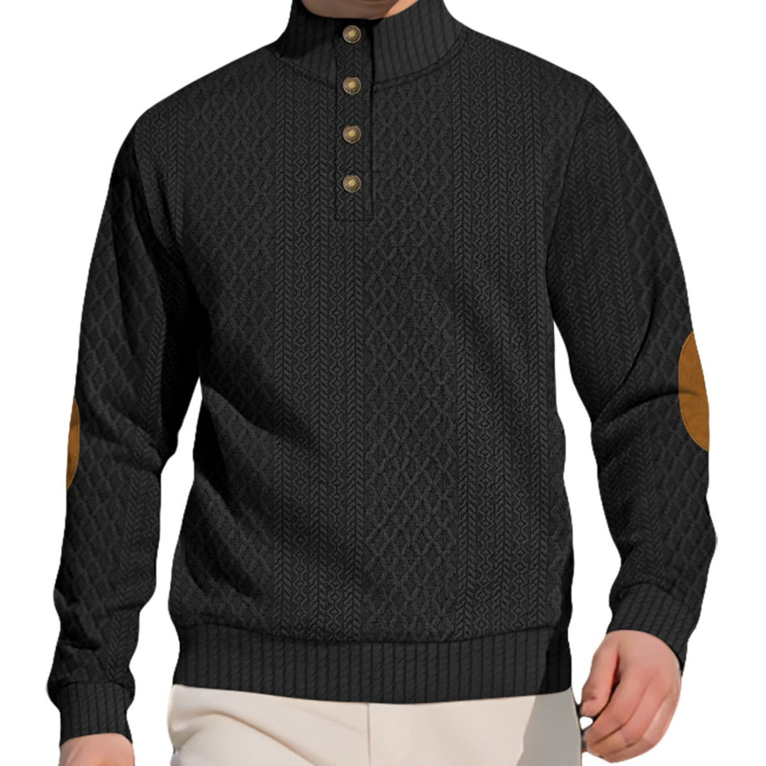 Herren nan edler Knopfsweater im Zopfmuster mit hohem Stehkragen und Wildleder-Ellenbogenpatches EB