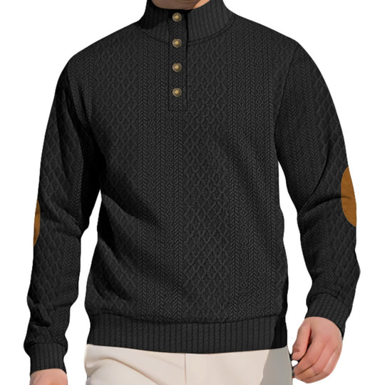 Herren nan edler Knopfsweater im Zopfmuster mit hohem Stehkragen und Wildleder-Ellenbogenpatches EB