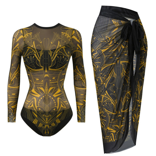Damen Badeanzug mit elegantem transparentem Wickelrock EB