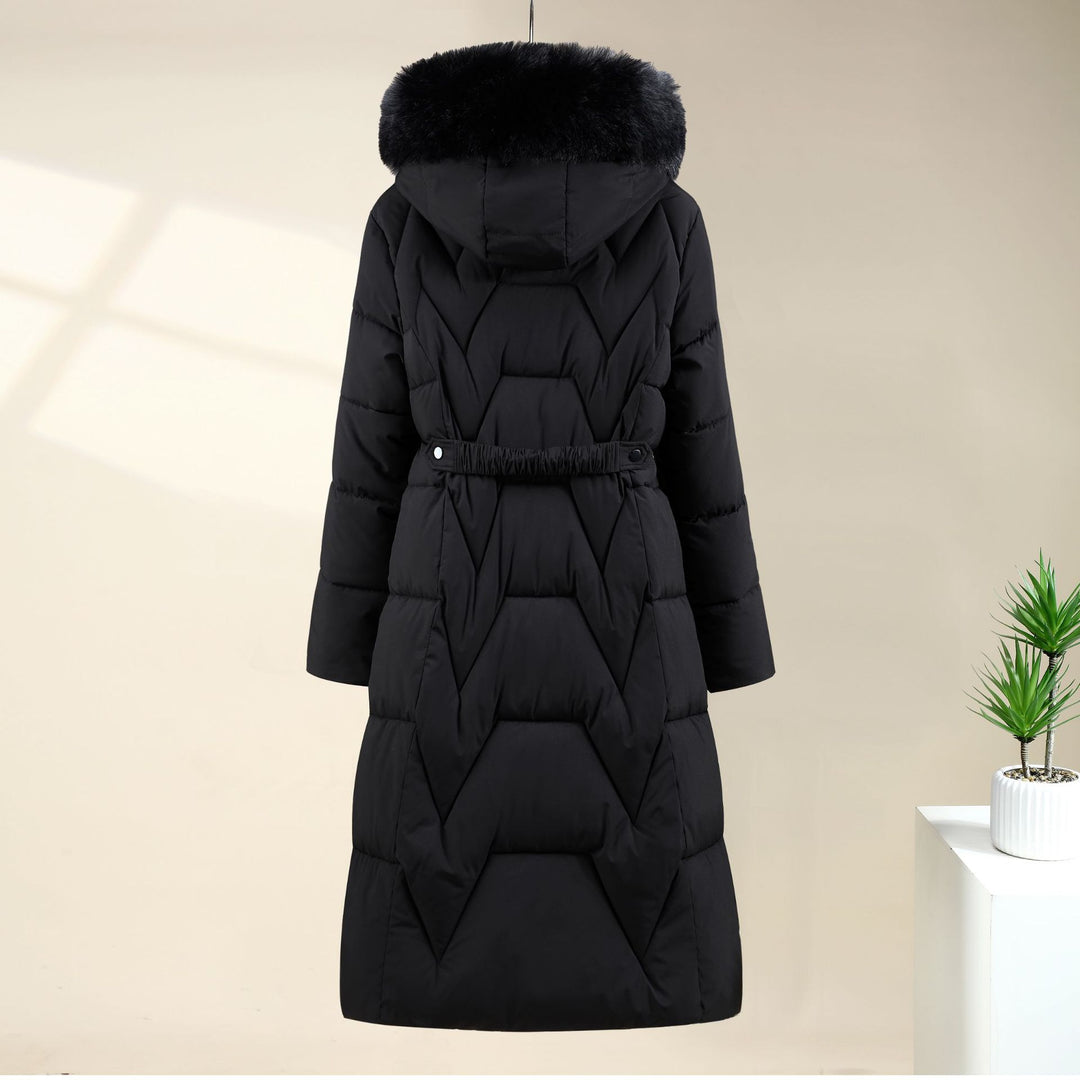 Damen nan langer gesteppter Parka mit voluminöser Kunstfellkapuze und taillierendem Kordelzug EB