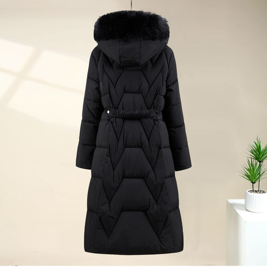 Damen nan langer gesteppter Parka mit voluminöser Kunstfellkapuze und taillierendem Kordelzug EB