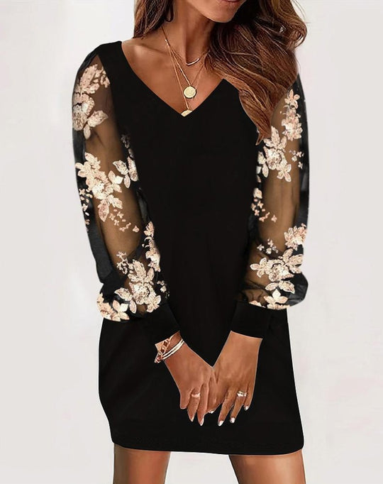Damen Elegantes Kleid mit transparenten Ärmeln und floralem Design EB