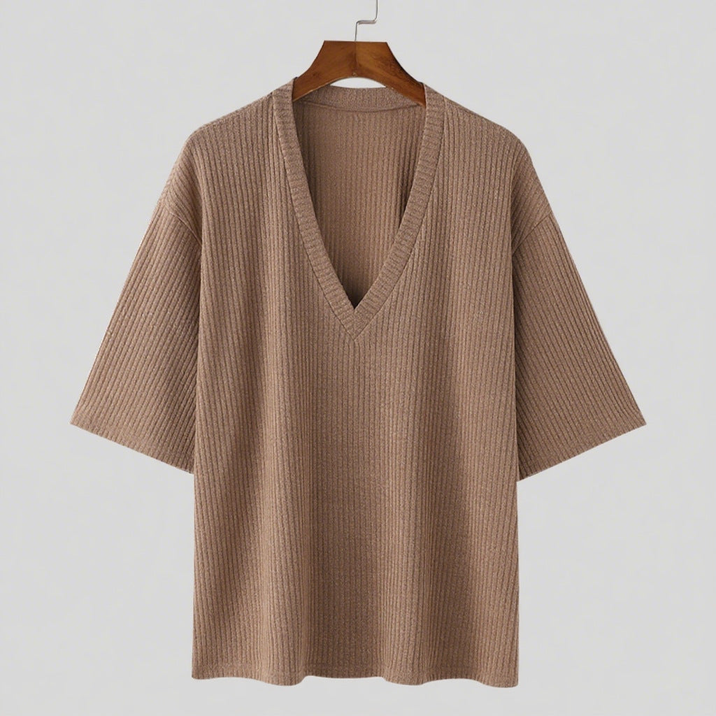 Damen V-Ausschnitt Oversize-Shirt aus strukturiertem Baumwollmaterial EB