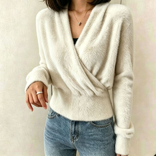 Damen Kuscheliger Wickel‑Pullover aus Faux‑Fur mit tiefem V‑Ausschnitt EB