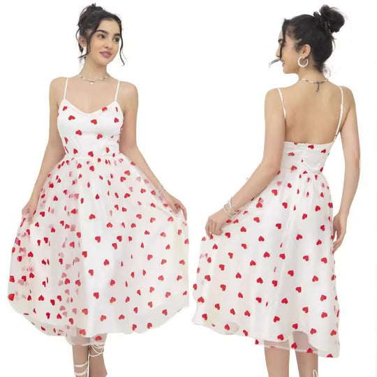 Damen romantisches A-Linien Kleid mit Herzmotiv und verstellbaren Trägern EB