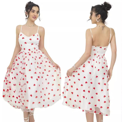 Damen romantisches A-Linien Kleid mit Herzmotiv und verstellbaren Trägern EB