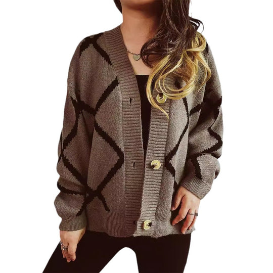 Damen Strickjacke mit modernem geometrischem Muster und hochwertigen Knopfdetails EB
