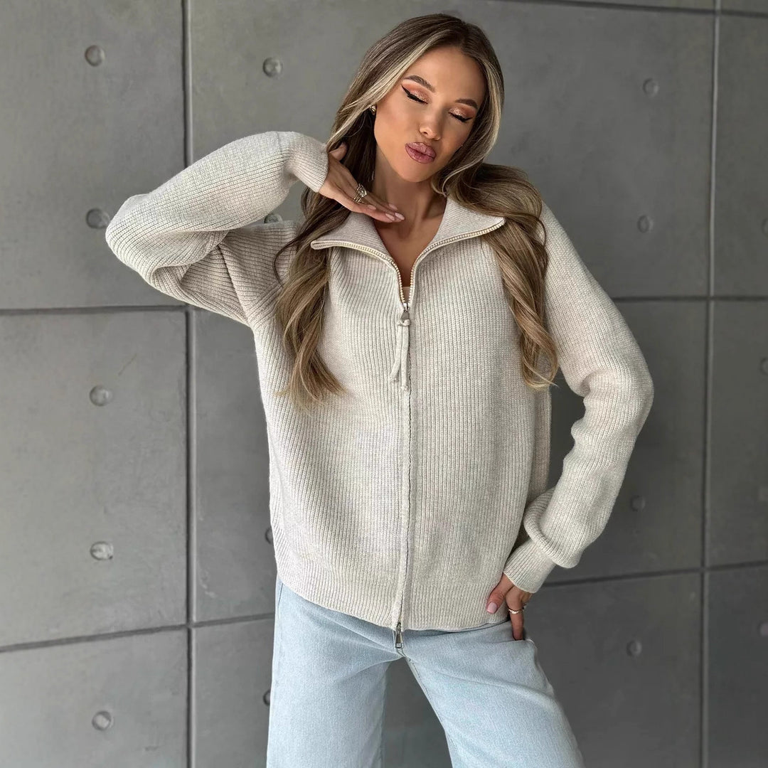 Damen Pullover mit hochschließendem Reißverschluss und strukturiertem Maschenmuster EB