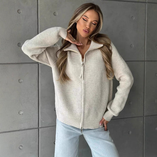 Damen Pullover mit hochschließendem Reißverschluss und strukturiertem Maschenmuster EB