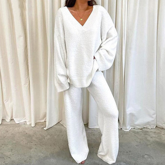 Damen Bequemes Fleece-Loungewear-Set mit V-Ausschnitt EB