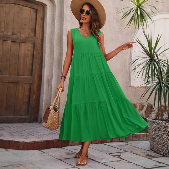 Damen Elegantes Sommer-Maxi-Kleid mit voluminösem Rock und V-Ausschnitt EB