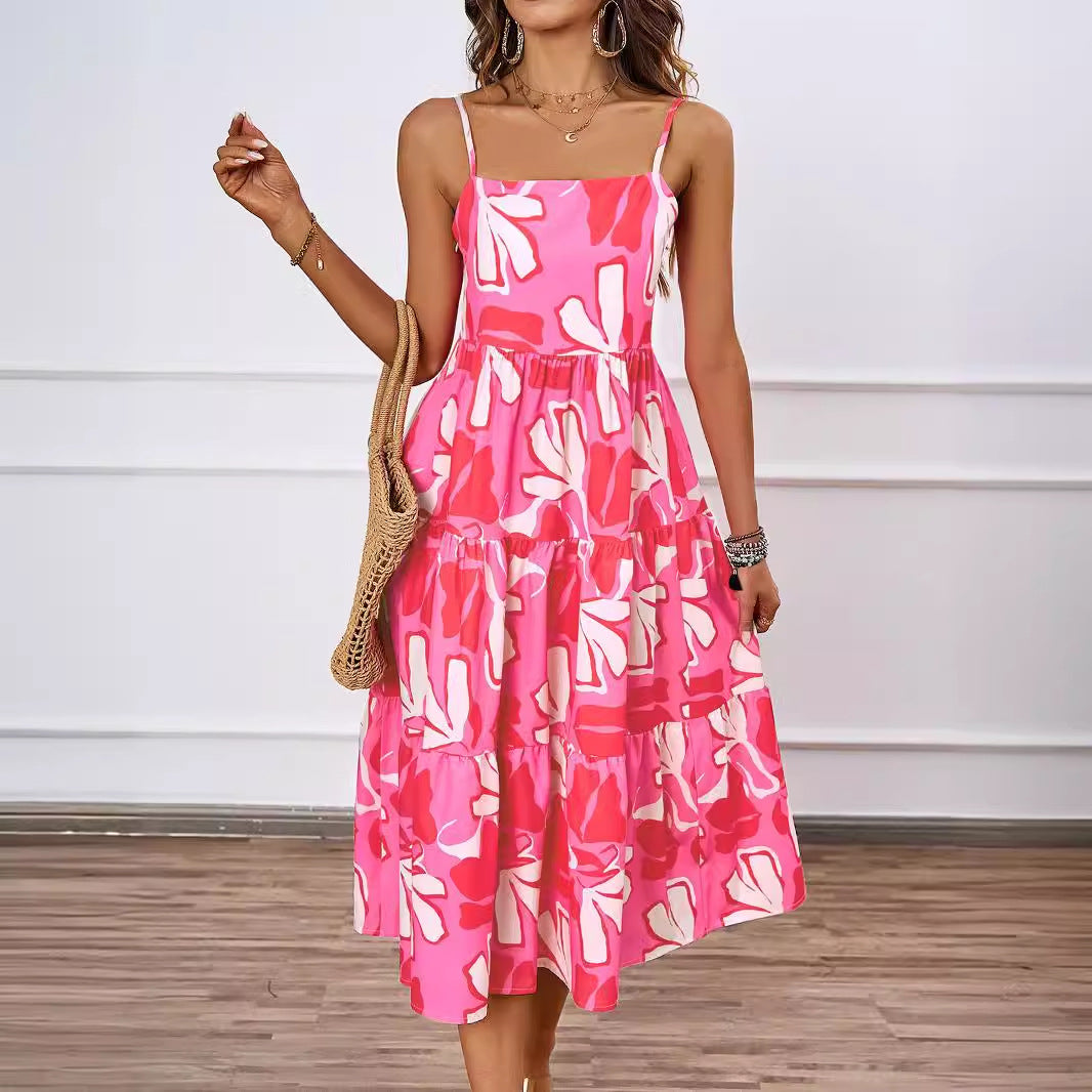 Damen Midi Kleid mit fließendem Rock und verspieltem Blattmuster EB