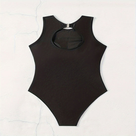 Damen Einteiler Badeanzug mit sportlichem Reißverschluss und trendigem grafischen Design EB