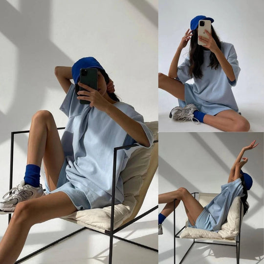 Damen sportliches Set aus lässigem T-Shirt und bequemen Shorts EB