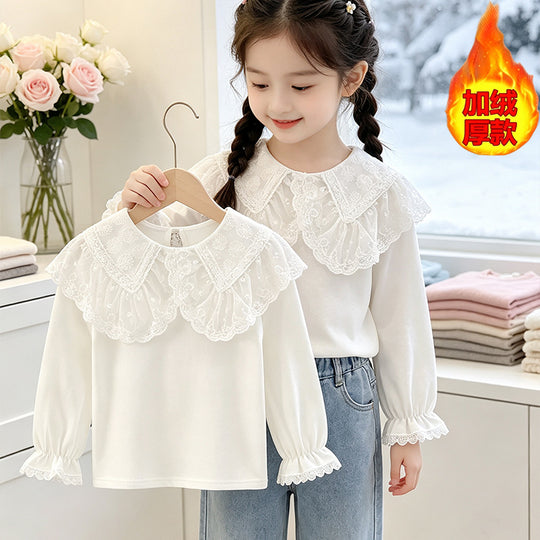 Mädchen Bluse mit elegantem Spitzenkragen und Rüschendetails EB