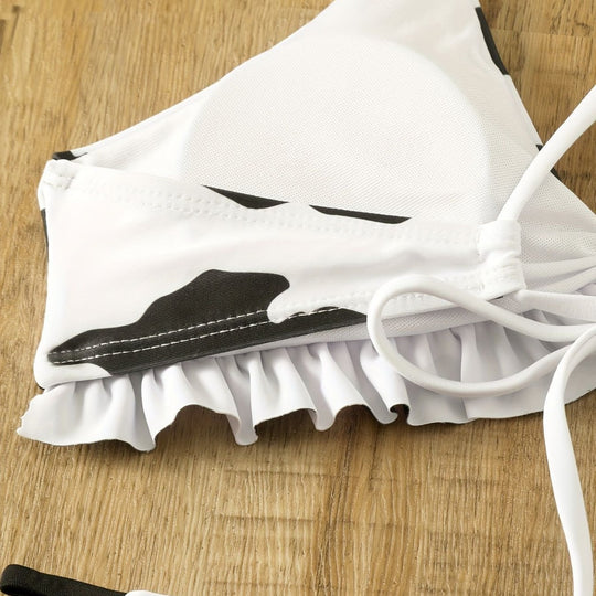 Damen Triangel-Bikini mit franjendetail und verspieltem Kuhmuster EB