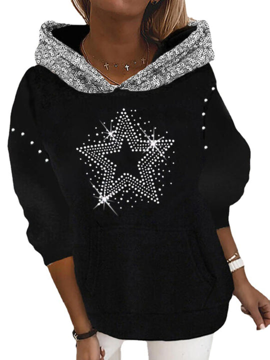 Damen Halloween Kapuzenpullover mit Kürbis- und Katzenprint, Paillettenbesatz und Oversize-Schnitt EB